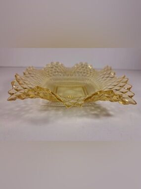 Vintage Indiana Glass Diamond Point Ruffle Edge Square Nut Candy Dish Yellow